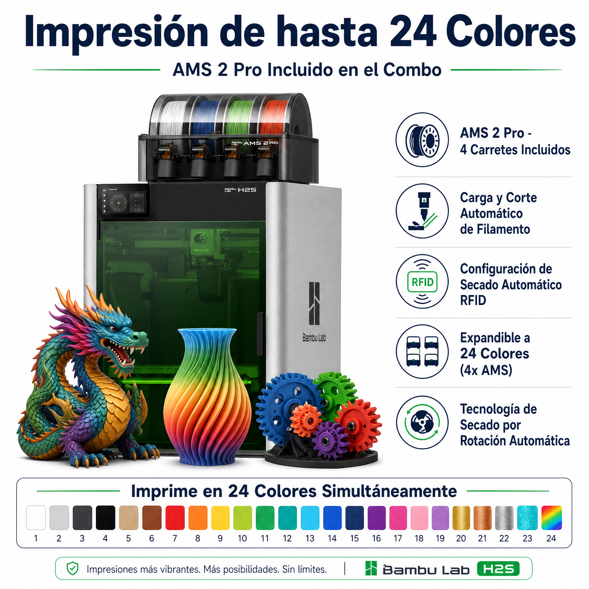 （Preventa）Impresora 3D Bambu Lab H2S Combo H2S-AMS-Combo-US,340×320×340mm,1000mm/s,20,000mm/s²