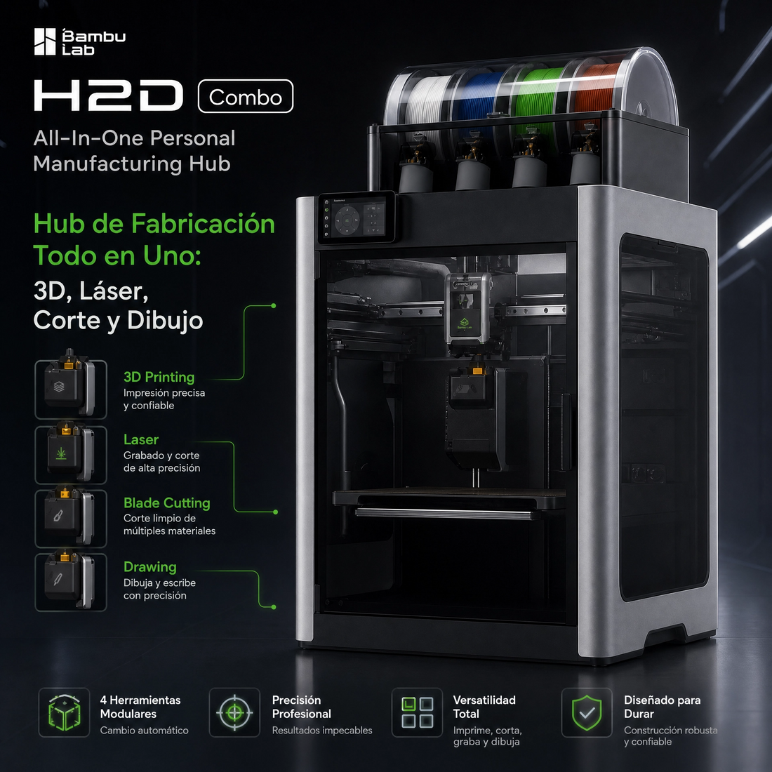 Bambu Lab H2D Combo | Impresora 3D de Doble Cabezal, Grabado Láser y Corte Digital — detalle 4