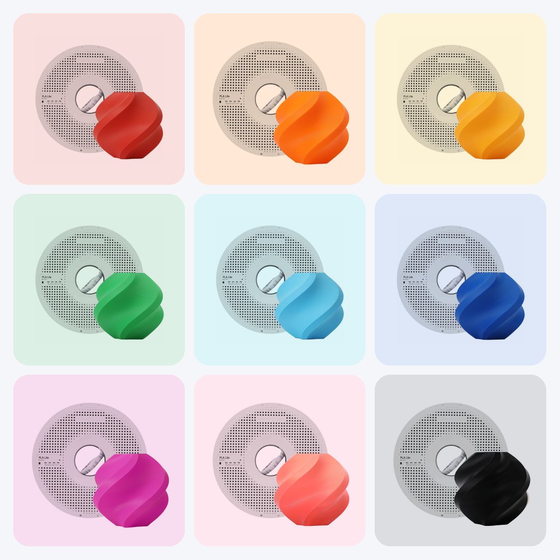 Filamentos Bambu Lab en todos los colores — carretes y vasos impresos